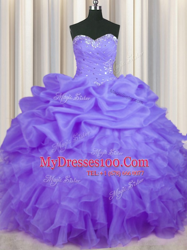 Sweetheart Sleeveless Vestidos de Quinceanera Floor Length Beading and Ruffles and Pick Ups Lavender Organza