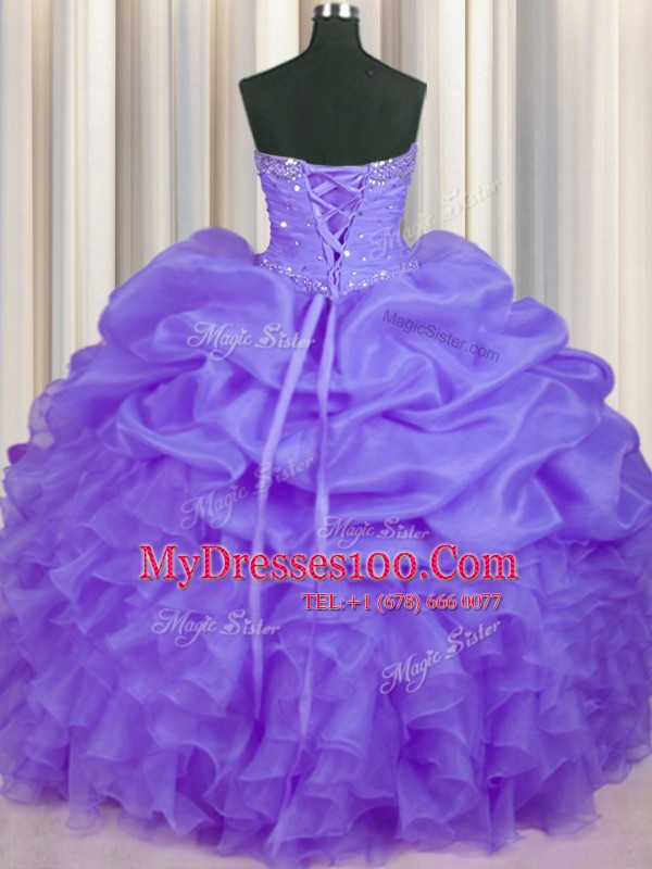 Sweetheart Sleeveless Vestidos de Quinceanera Floor Length Beading and Ruffles and Pick Ups Lavender Organza