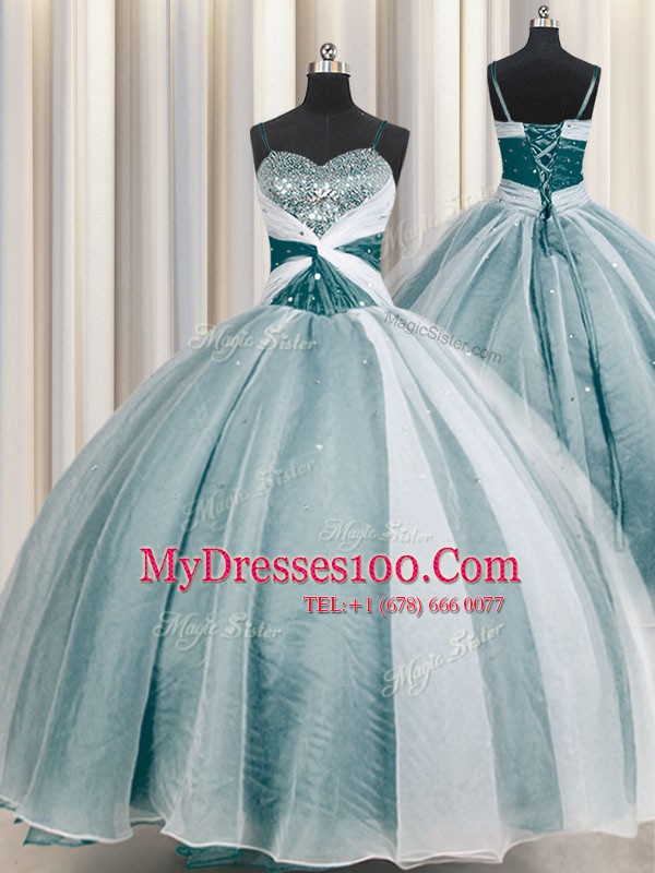Noble Teal Ball Gowns Organza Spaghetti Straps Half Sleeves Beading and Ruching Floor Length Lace Up Sweet 16 Dresses