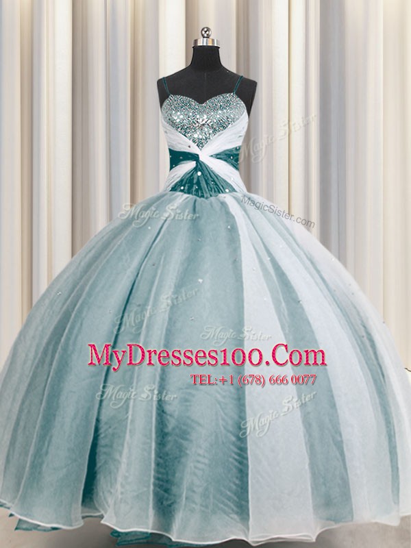 Noble Teal Ball Gowns Organza Spaghetti Straps Half Sleeves Beading and Ruching Floor Length Lace Up Sweet 16 Dresses