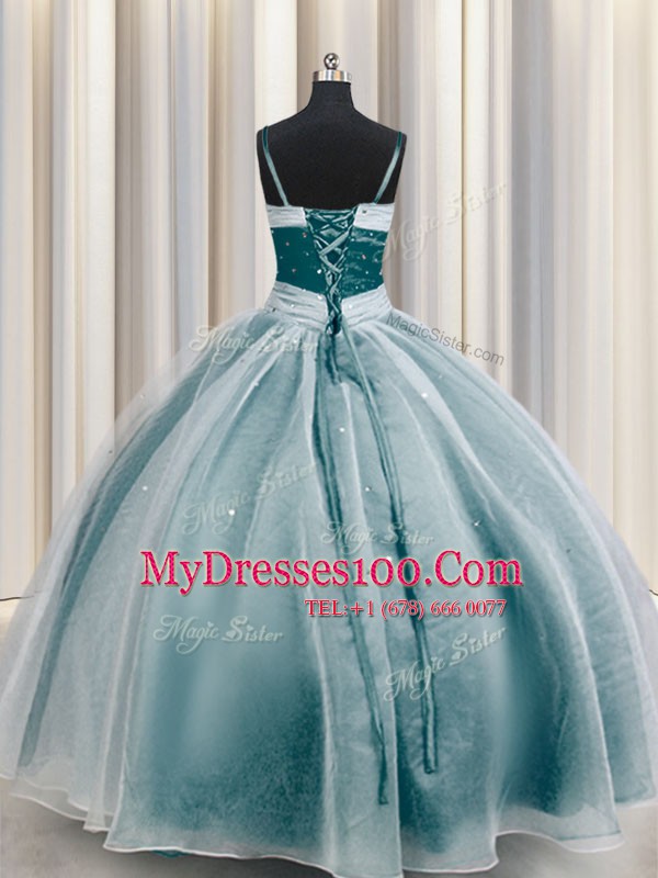Noble Teal Ball Gowns Organza Spaghetti Straps Half Sleeves Beading and Ruching Floor Length Lace Up Sweet 16 Dresses