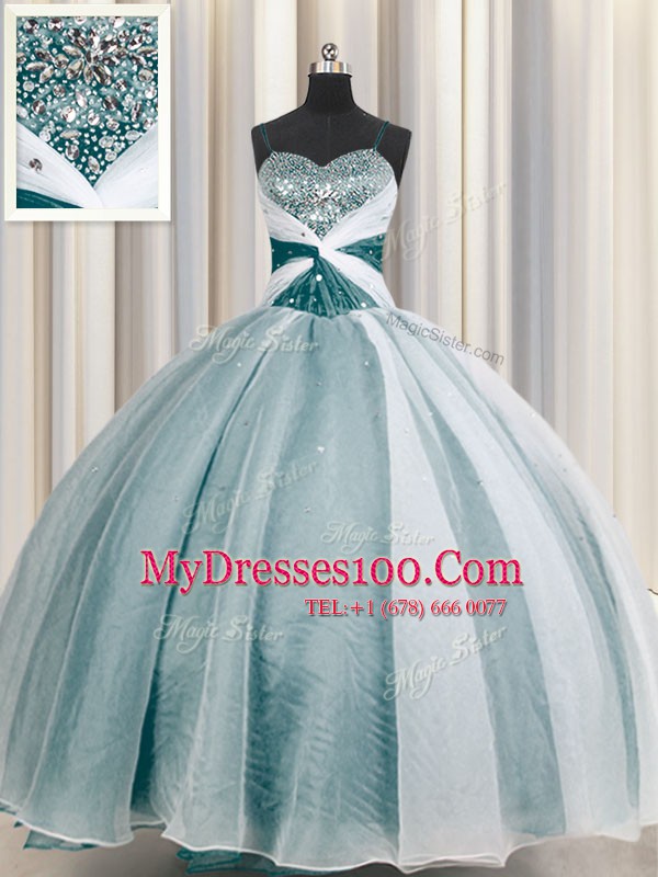Noble Teal Ball Gowns Organza Spaghetti Straps Half Sleeves Beading and Ruching Floor Length Lace Up Sweet 16 Dresses