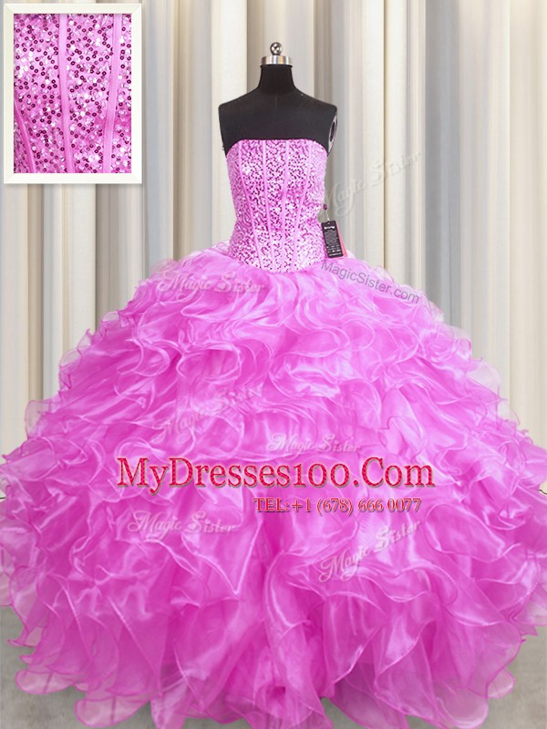 Visible Boning Rose Pink Ball Gowns Beading and Ruffles Vestidos de Quinceanera Lace Up Organza Sleeveless Floor Length