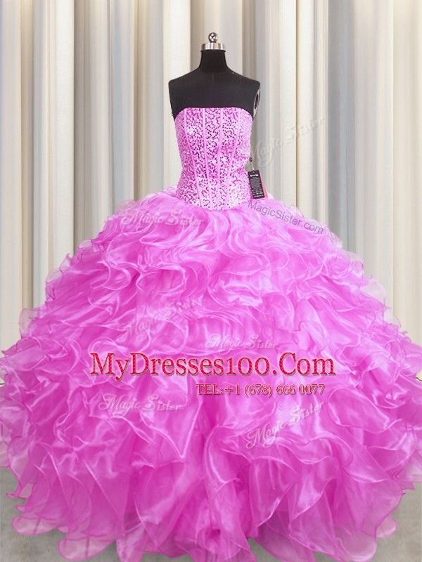 Visible Boning Rose Pink Ball Gowns Beading and Ruffles Vestidos de Quinceanera Lace Up Organza Sleeveless Floor Length