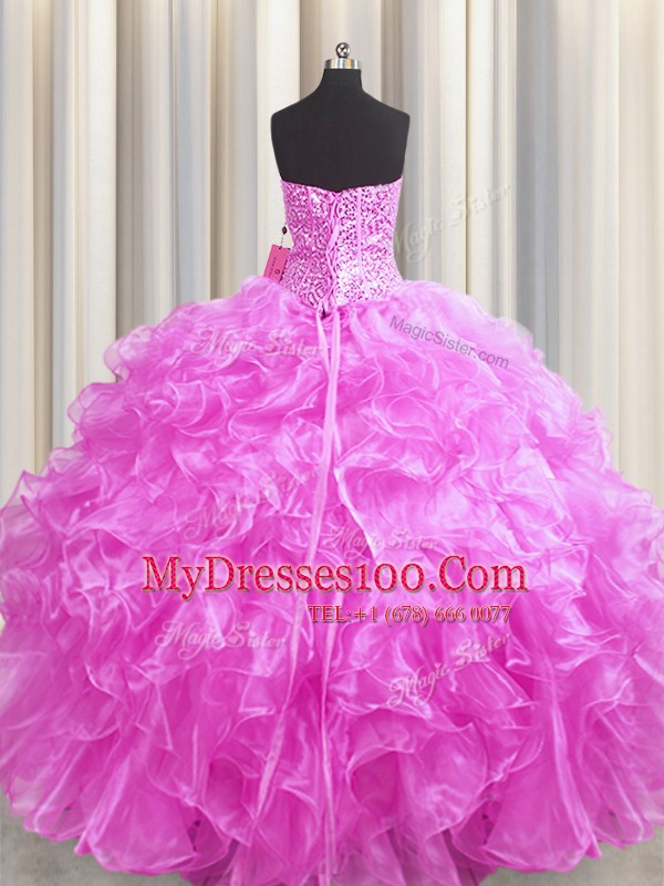 Visible Boning Rose Pink Ball Gowns Beading and Ruffles Vestidos de Quinceanera Lace Up Organza Sleeveless Floor Length