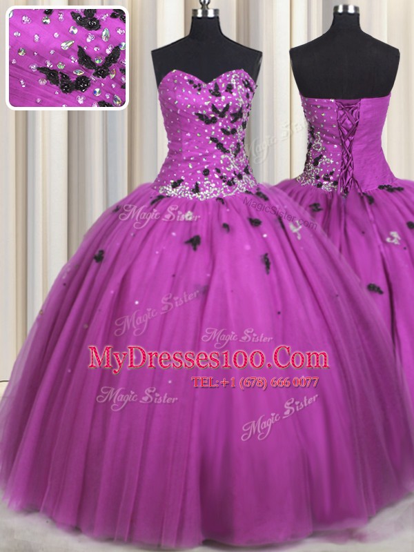 Gorgeous Sleeveless Tulle Floor Length Lace Up Vestidos de Quinceanera in Fuchsia with Beading and Appliques