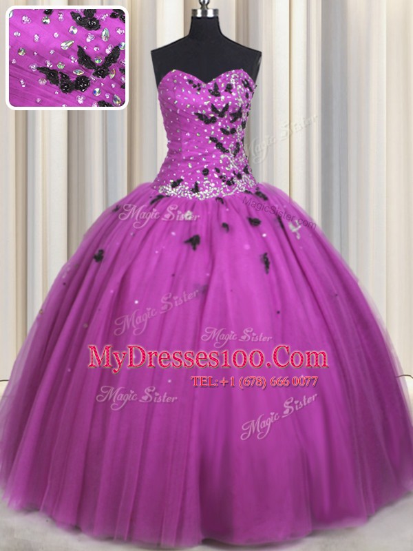 Gorgeous Sleeveless Tulle Floor Length Lace Up Vestidos de Quinceanera in Fuchsia with Beading and Appliques