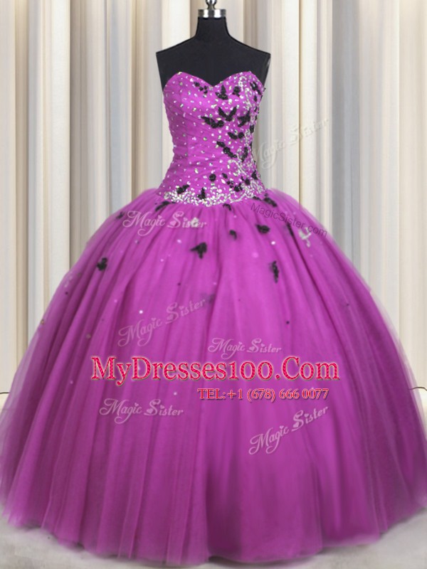 Gorgeous Sleeveless Tulle Floor Length Lace Up Vestidos de Quinceanera in Fuchsia with Beading and Appliques