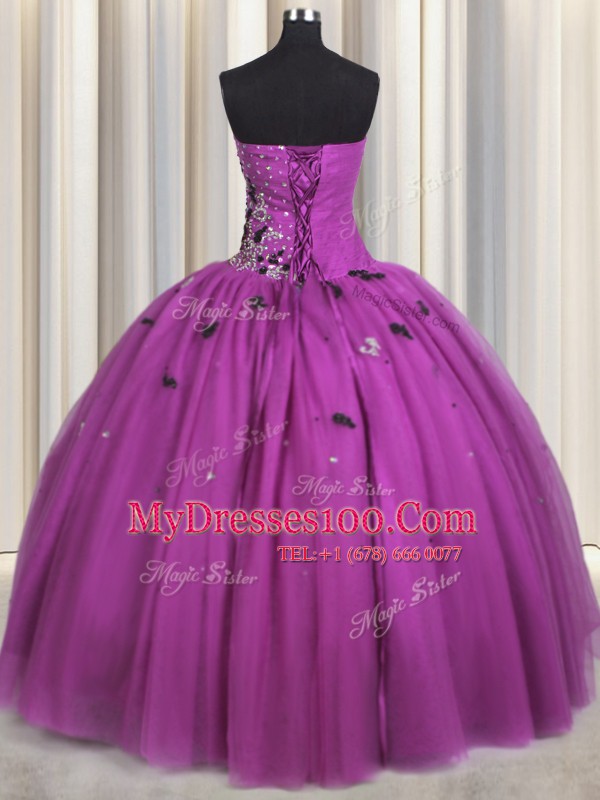 Gorgeous Sleeveless Tulle Floor Length Lace Up Vestidos de Quinceanera in Fuchsia with Beading and Appliques