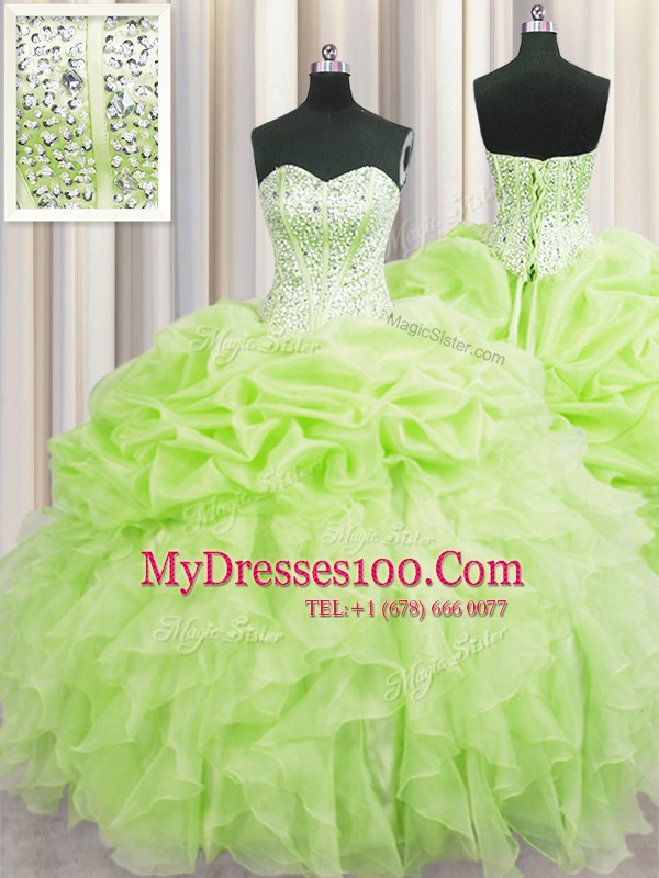Hot Sale Visible Boning Yellow Green Sleeveless Floor Length Beading and Ruffles and Pick Ups Lace Up Quinceanera Dresses