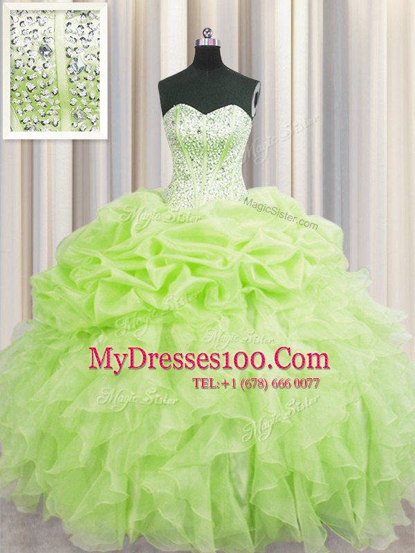 Hot Sale Visible Boning Yellow Green Sleeveless Floor Length Beading and Ruffles and Pick Ups Lace Up Quinceanera Dresses