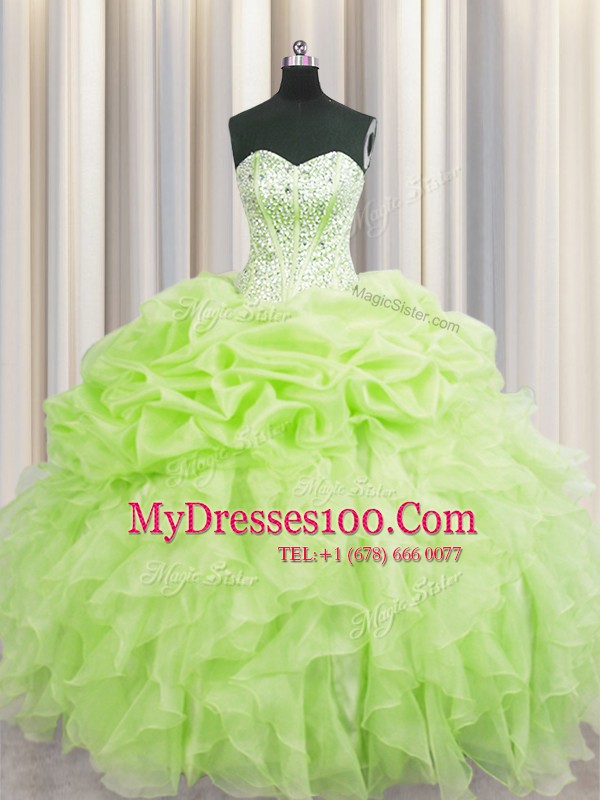 Hot Sale Visible Boning Yellow Green Sleeveless Floor Length Beading and Ruffles and Pick Ups Lace Up Quinceanera Dresses