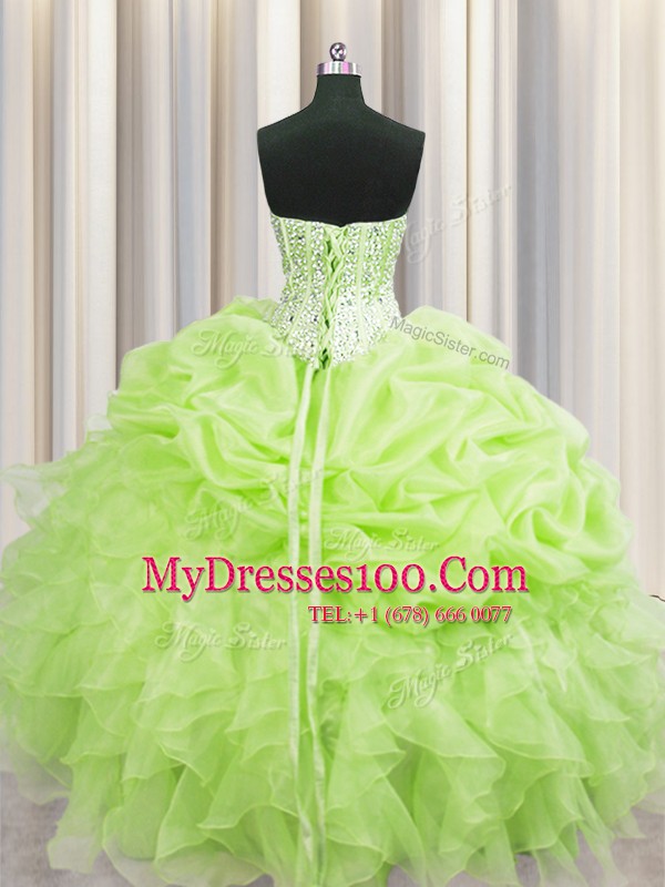 Hot Sale Visible Boning Yellow Green Sleeveless Floor Length Beading and Ruffles and Pick Ups Lace Up Quinceanera Dresses