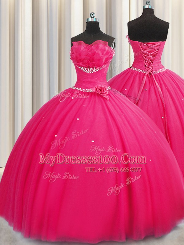 Gorgeous Handcrafted Flower Floor Length Ball Gowns Sleeveless Hot Pink Quinceanera Gowns Lace Up