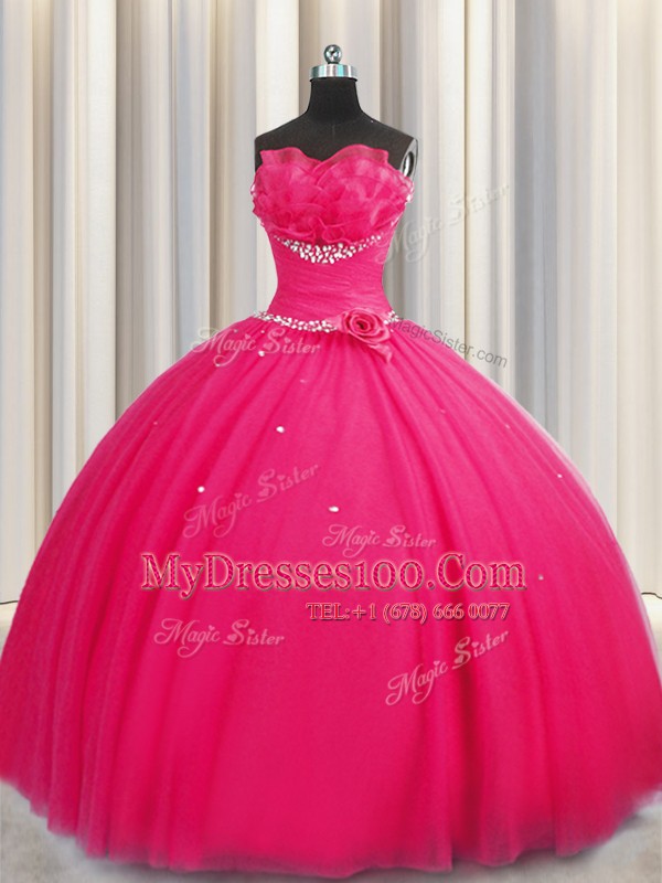 Gorgeous Handcrafted Flower Floor Length Ball Gowns Sleeveless Hot Pink Quinceanera Gowns Lace Up