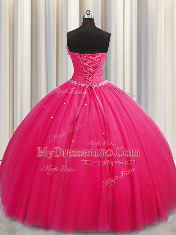 Gorgeous Handcrafted Flower Floor Length Ball Gowns Sleeveless Hot Pink Quinceanera Gowns Lace Up