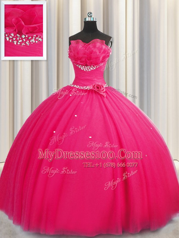 Gorgeous Handcrafted Flower Floor Length Ball Gowns Sleeveless Hot Pink Quinceanera Gowns Lace Up