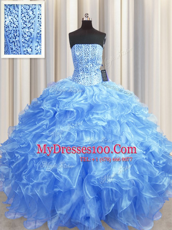 New Style Visible Boning Baby Blue Ball Gowns Organza Strapless Sleeveless Beading and Ruffles Floor Length Lace Up 15 Quinceanera Dress