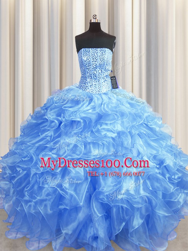 New Style Visible Boning Baby Blue Ball Gowns Organza Strapless Sleeveless Beading and Ruffles Floor Length Lace Up 15 Quinceanera Dress