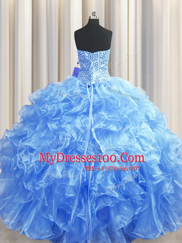 New Style Visible Boning Baby Blue Ball Gowns Organza Strapless Sleeveless Beading and Ruffles Floor Length Lace Up 15 Quinceanera Dress