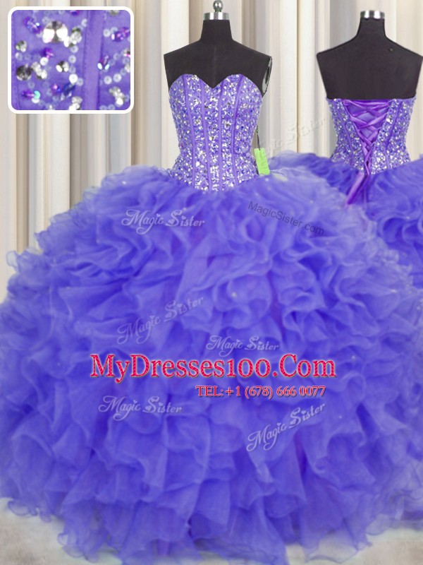 Clearance Visible Boning Sleeveless Floor Length Beading and Ruffles and Sashes ribbons Lace Up Sweet 16 Quinceanera Dress with Purple