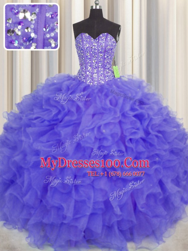 Clearance Visible Boning Sleeveless Floor Length Beading and Ruffles and Sashes ribbons Lace Up Sweet 16 Quinceanera Dress with Purple