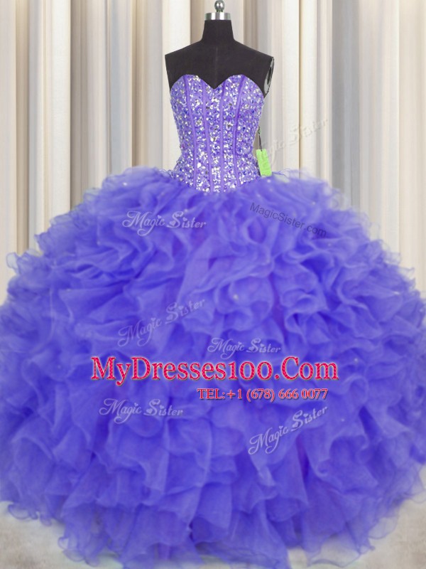 Clearance Visible Boning Sleeveless Floor Length Beading and Ruffles and Sashes ribbons Lace Up Sweet 16 Quinceanera Dress with Purple