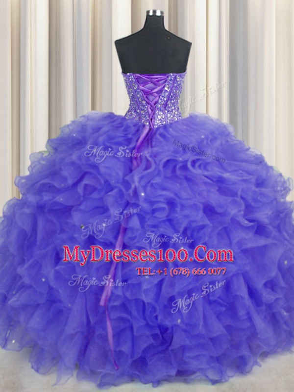 Clearance Visible Boning Sleeveless Floor Length Beading and Ruffles and Sashes ribbons Lace Up Sweet 16 Quinceanera Dress with Purple