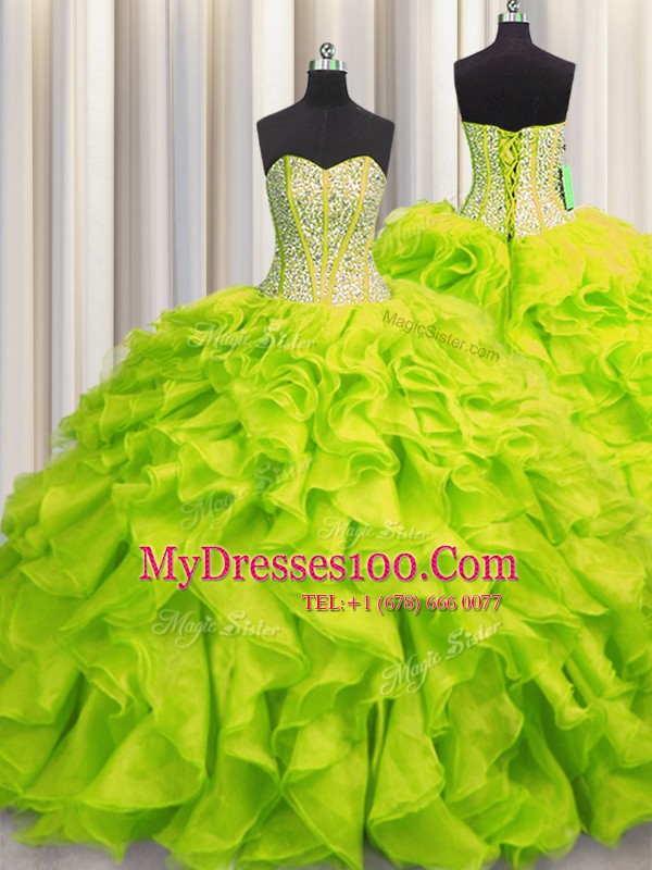 Spectacular Visible Boning Sweetheart Sleeveless Organza Sweet 16 Dress Beading and Ruffles Lace Up