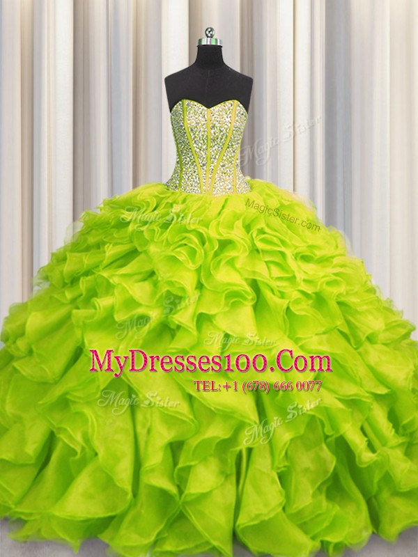 Spectacular Visible Boning Sweetheart Sleeveless Organza Sweet 16 Dress Beading and Ruffles Lace Up