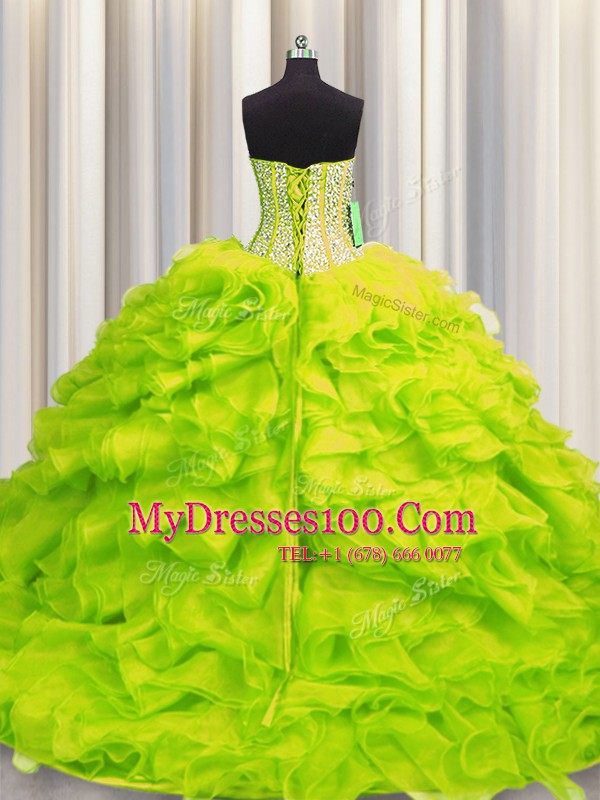 Spectacular Visible Boning Sweetheart Sleeveless Organza Sweet 16 Dress Beading and Ruffles Lace Up