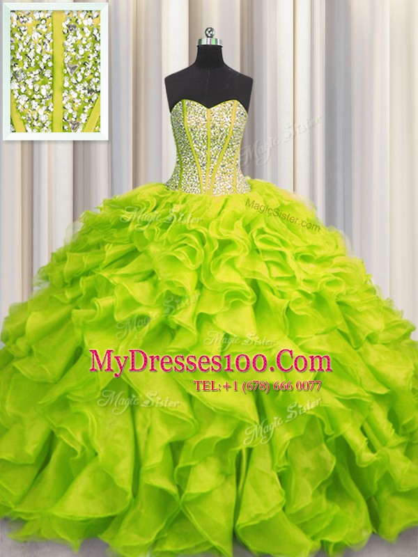 Spectacular Visible Boning Sweetheart Sleeveless Organza Sweet 16 Dress Beading and Ruffles Lace Up