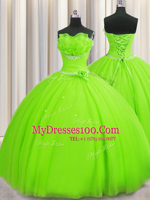 Elegant Handcrafted Flower Ball Gowns Beading and Sequins and Hand Made Flower Quinceanera Dress Lace Up Tulle Sleeveless Floor Length