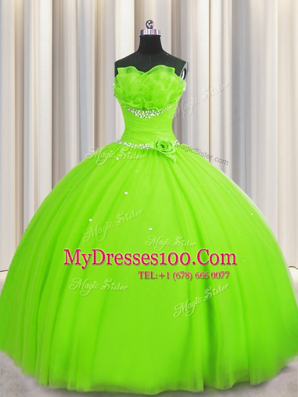 Elegant Handcrafted Flower Ball Gowns Beading and Sequins and Hand Made Flower Quinceanera Dress Lace Up Tulle Sleeveless Floor Length