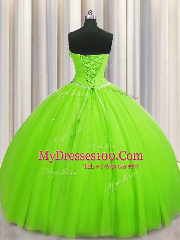 Elegant Handcrafted Flower Ball Gowns Beading and Sequins and Hand Made Flower Quinceanera Dress Lace Up Tulle Sleeveless Floor Length