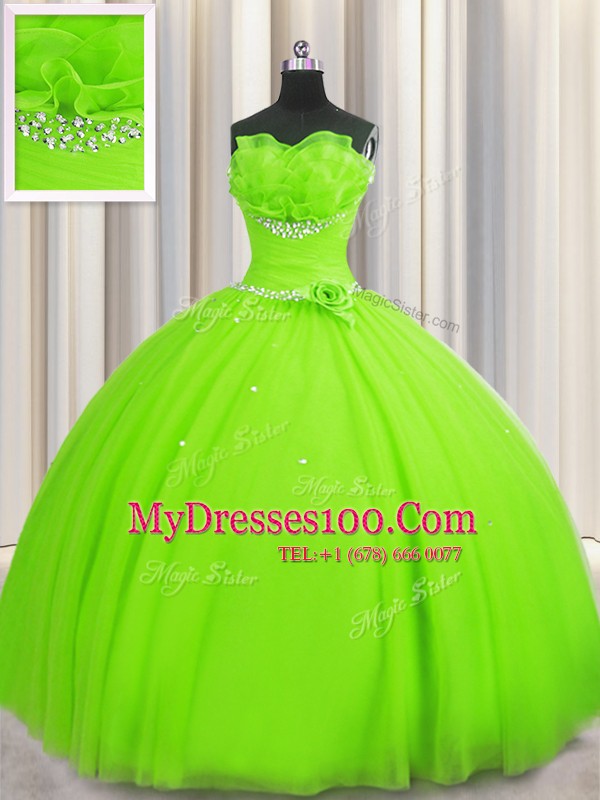Elegant Handcrafted Flower Ball Gowns Beading and Sequins and Hand Made Flower Quinceanera Dress Lace Up Tulle Sleeveless Floor Length