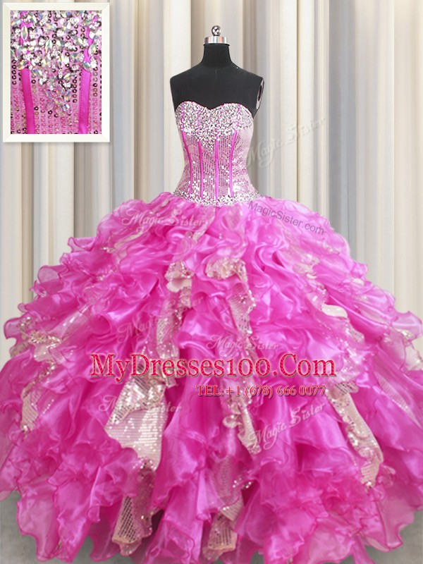 Visible Boning Fuchsia Sleeveless Beading and Ruffles and Sequins Floor Length Quince Ball Gowns