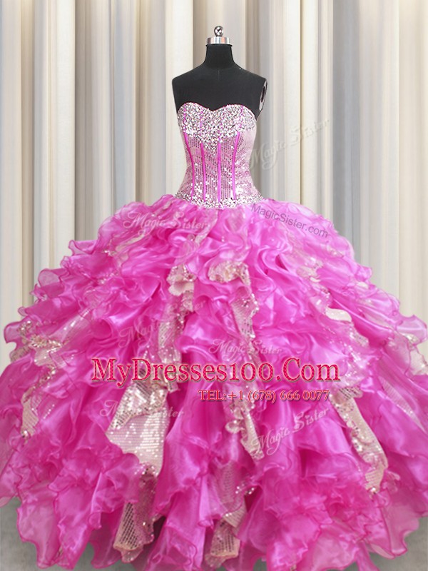 Visible Boning Fuchsia Sleeveless Beading and Ruffles and Sequins Floor Length Quince Ball Gowns