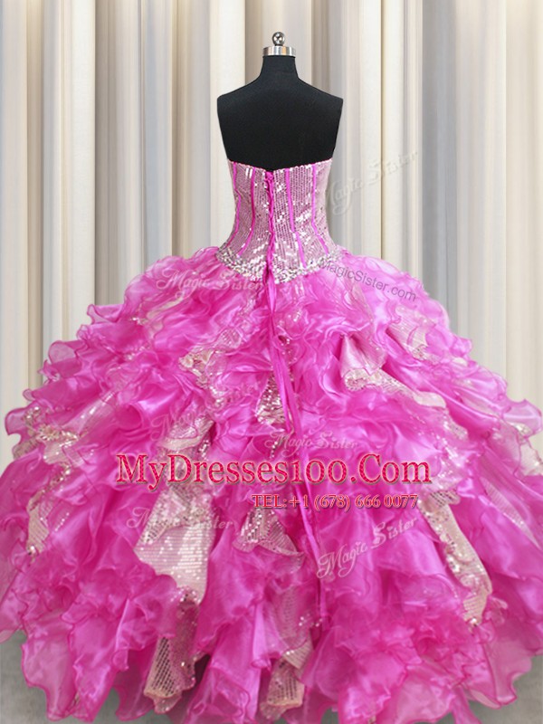 Visible Boning Fuchsia Sleeveless Beading and Ruffles and Sequins Floor Length Quince Ball Gowns