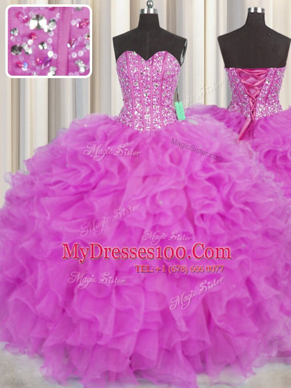 Traditional Visible Boning Fuchsia Organza Lace Up Quinceanera Gowns Sleeveless Floor Length Beading and Ruffles