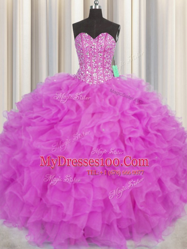 Traditional Visible Boning Fuchsia Organza Lace Up Quinceanera Gowns Sleeveless Floor Length Beading and Ruffles