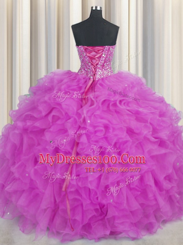 Traditional Visible Boning Fuchsia Organza Lace Up Quinceanera Gowns Sleeveless Floor Length Beading and Ruffles