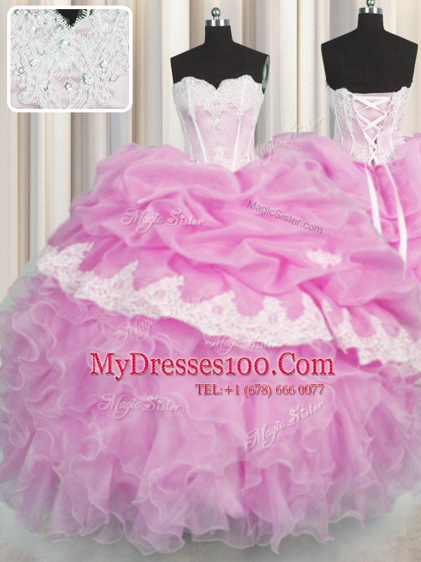 Pick Ups Ball Gowns 15th Birthday Dress Pink Sweetheart Organza Sleeveless Floor Length Lace Up