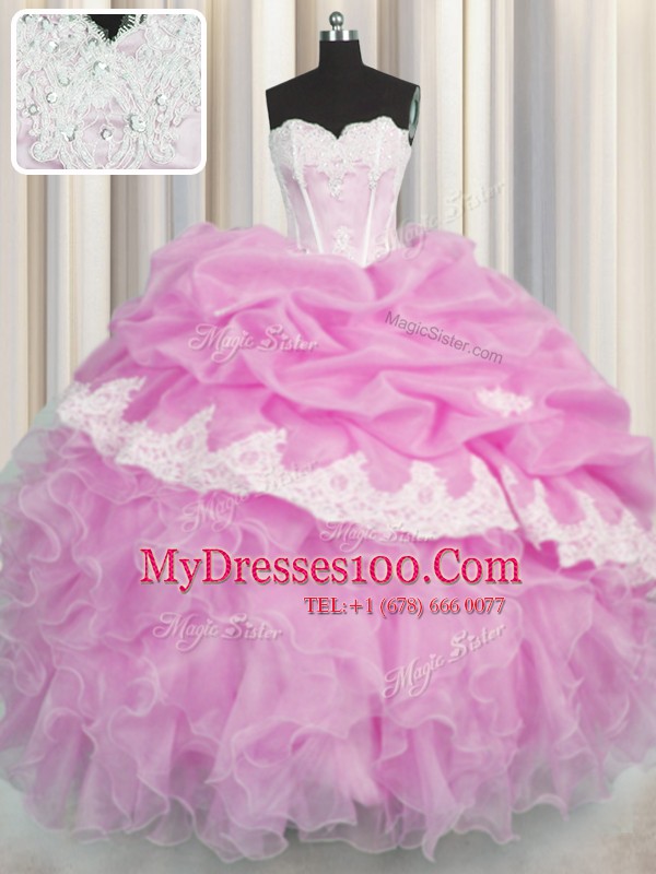 Pick Ups Ball Gowns 15th Birthday Dress Pink Sweetheart Organza Sleeveless Floor Length Lace Up