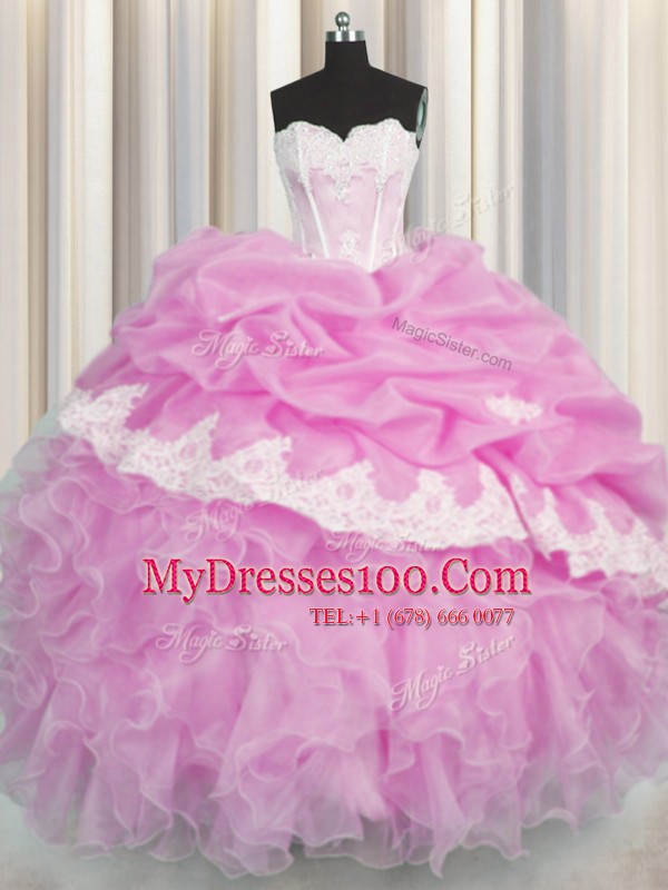Pick Ups Ball Gowns 15th Birthday Dress Pink Sweetheart Organza Sleeveless Floor Length Lace Up
