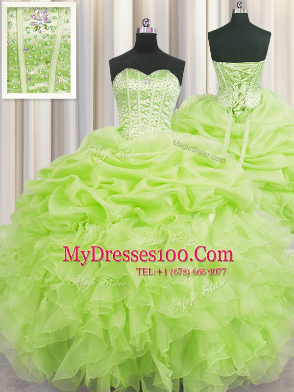 Visible Boning Yellow Green Ball Gowns Organza Sweetheart Sleeveless Beading and Ruffles and Pick Ups Floor Length Lace Up Quinceanera Dresses