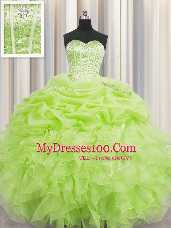 Visible Boning Yellow Green Ball Gowns Organza Sweetheart Sleeveless Beading and Ruffles and Pick Ups Floor Length Lace Up Quinceanera Dresses