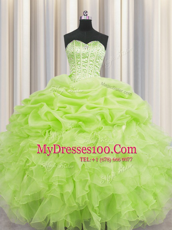Visible Boning Yellow Green Ball Gowns Organza Sweetheart Sleeveless Beading and Ruffles and Pick Ups Floor Length Lace Up Quinceanera Dresses