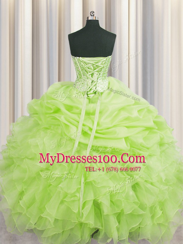 Visible Boning Yellow Green Ball Gowns Organza Sweetheart Sleeveless Beading and Ruffles and Pick Ups Floor Length Lace Up Quinceanera Dresses