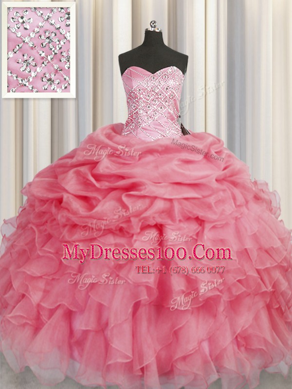 Organza Sweetheart Sleeveless Lace Up Beading and Ruffles Sweet 16 Dresses in Coral Red